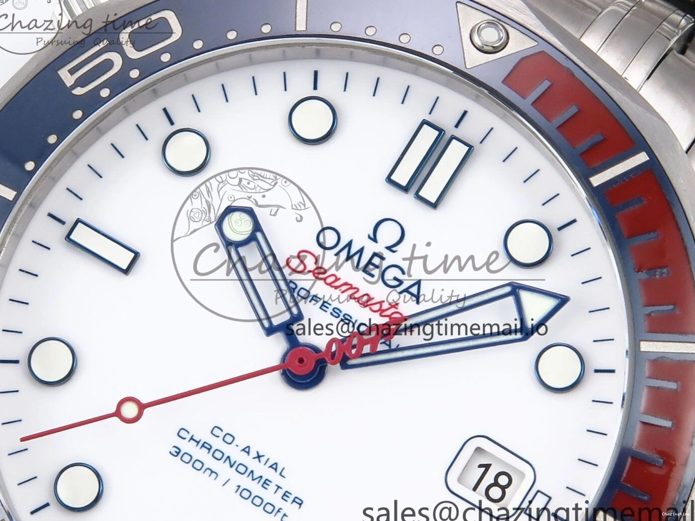 0409 HighQuality Seamaster Diver 300M OMF 1:1 Best Edition Blue Red Ceramic White Dial on SS Bracelet A 7705
